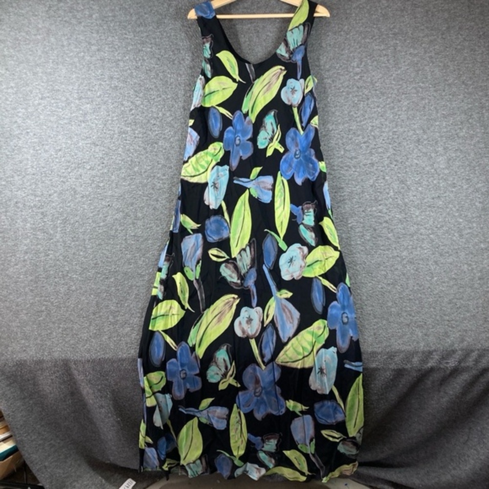 Vintage‎ Tessuto Maxi Dress Womens XL Black Floral Sleeveless Rayon